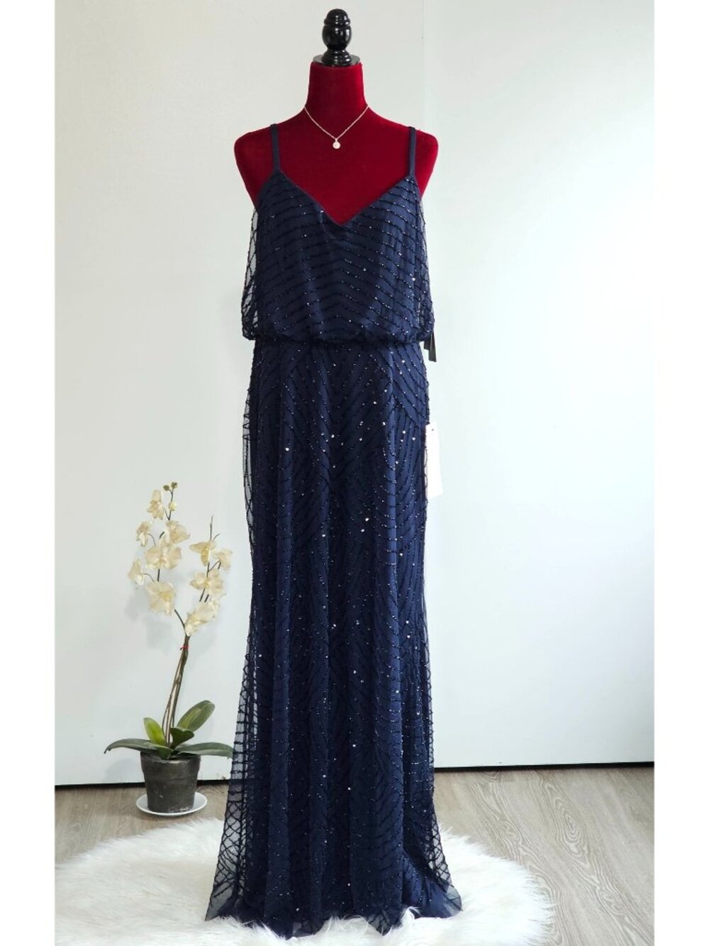 NWT Adrianna Papell Women's Blue Halter Art Deco Beaded Gown Dress Sz 16 2334